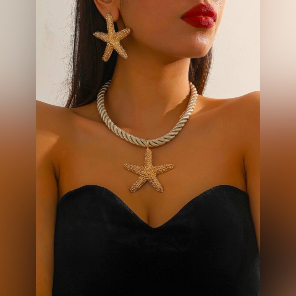 Stylish 3pcs Starfish Pendant Necklace & Exaggerated Earrings / Marine Style